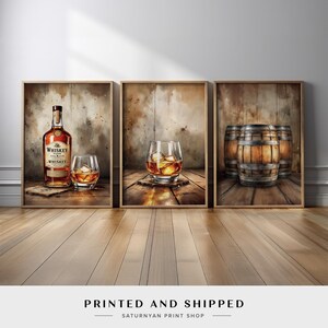 Whiskey Themed 3-Piece Wall Art - Vintage Whiskey Bottle, Glass with Ice, and Wooden Barrels for Rustic Home Decor and Set for Bar Decor