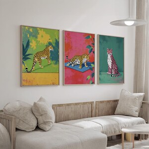 Set of 3 Vibrant Leopard Wall Art | Bold and Colorful Jungle-Inspired Canvas Prints with Playful Pink and Green Tones for Modern Home Decor image 8