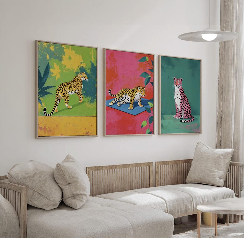 Set of 3 Vibrant Leopard Wall Art | Bold and Colorful Jungle-Inspired Canvas Prints with Playful Pink and Green Tones for Modern Home Decor image 8