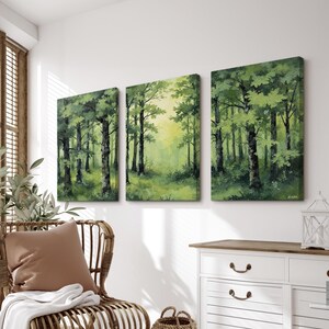Green Forest Wall Art Set of 3 | Lush Woodland Landscape Canvas Prints ...