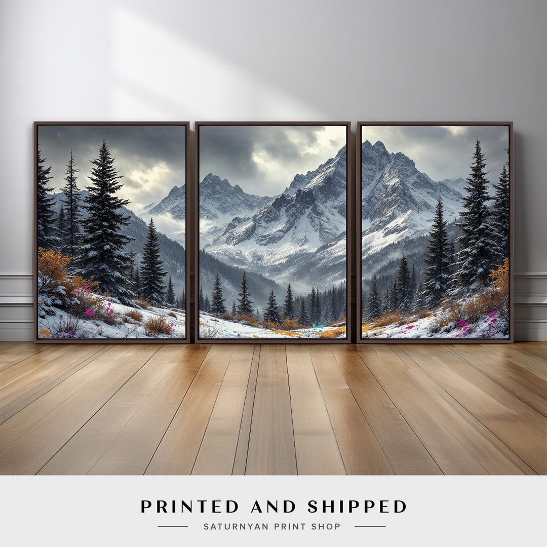Mountain Landscape Wall Art Set of 3 | Snowy Pine Forest and Alpine ...