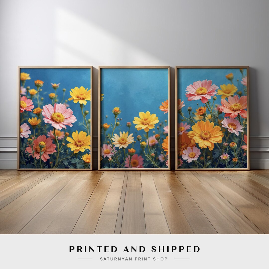 Bright Wildflower Wall Art Triptych | Set of 3 Colorful Daisy Canvas ...