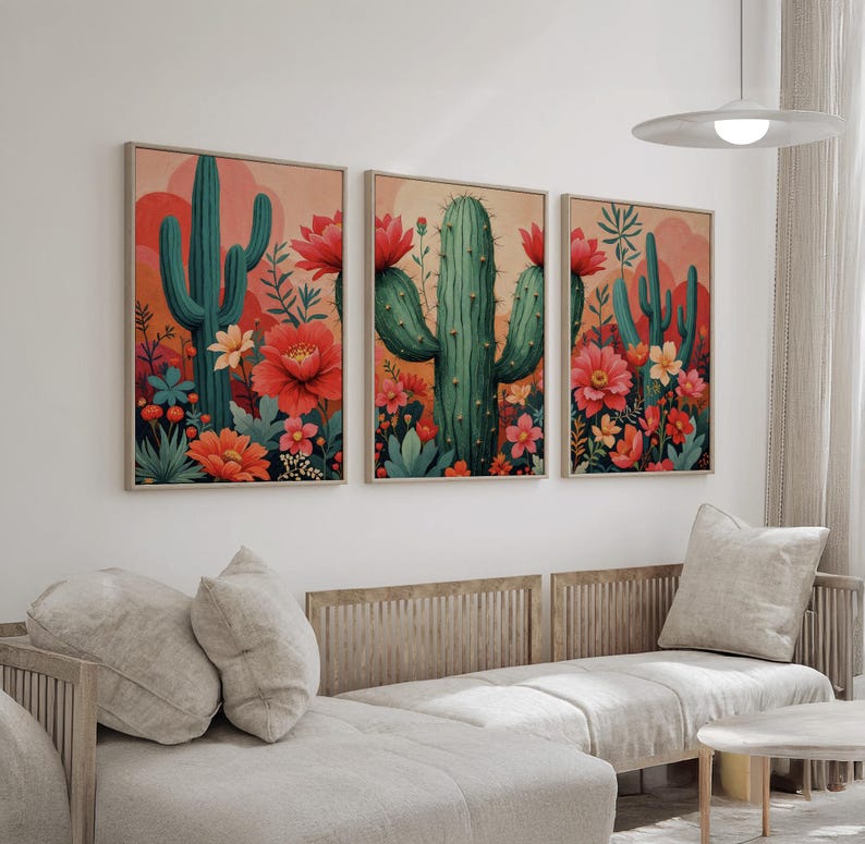 Cactus and Floral Wall Art Set of 3 | Desert Sunset Botanical Print ...