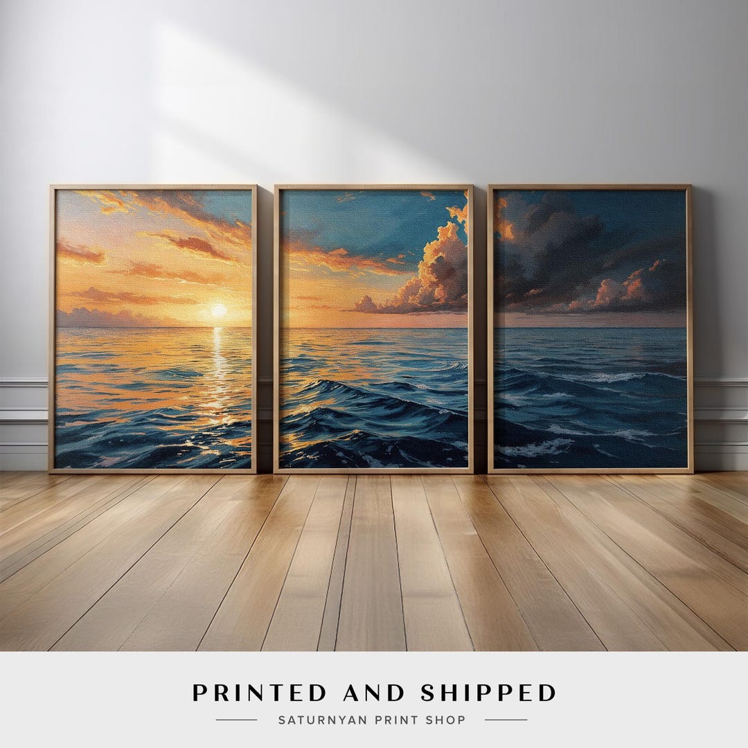 Ocean Sunset Canvas Print Wall Art Set of 3 | Peaceful Seascape ...