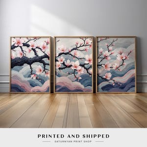 Japanese Cherry Blossom Wall Art Set, Sakura Tree Wall Decor, Elegant Floral Triptych, Zen Meditation Art, Soft Pink Nature Canvas Print
