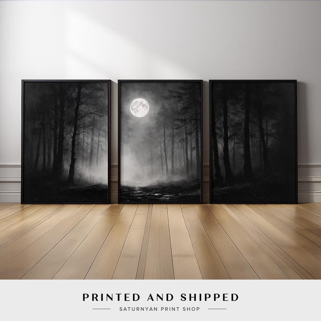 Black and White Forest Wall Art Triptych | Misty Moonlight Landscape ...