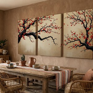 Japanese Cherry Blossom Wall Art, Sakura Tree Triptych, Asian Ink Painting, Zen Home Decor, Floral Canvas Print, Oriental Minimalist Art image 4