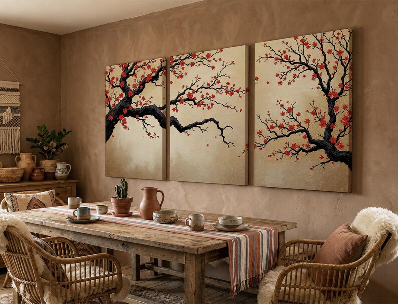 Japanese Cherry Blossom Wall Art, Sakura Tree Triptych, Asian Ink Painting, Zen Home Decor, Floral Canvas Print, Oriental Minimalist Art image 4