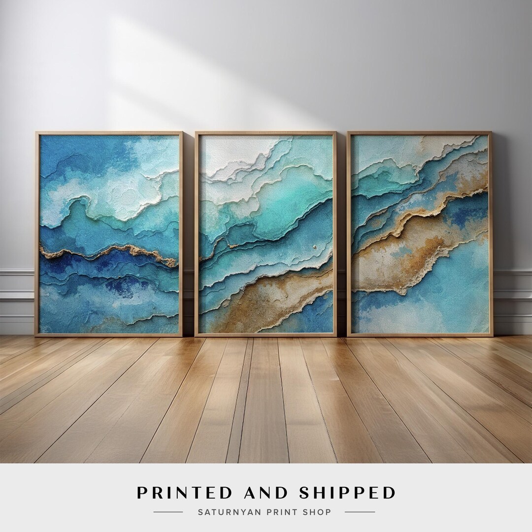 Coastal Abstract Wall Art Set of 3 | Teal and Turquoise Ocean Inspired ...
