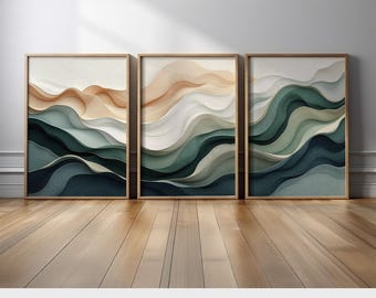 Sage Green Flowing Wave Abstract Wall Art Set of 3 | Neutral Beige Cream Canvas Prints | Modern Organic Decor for Living Room Bedroom