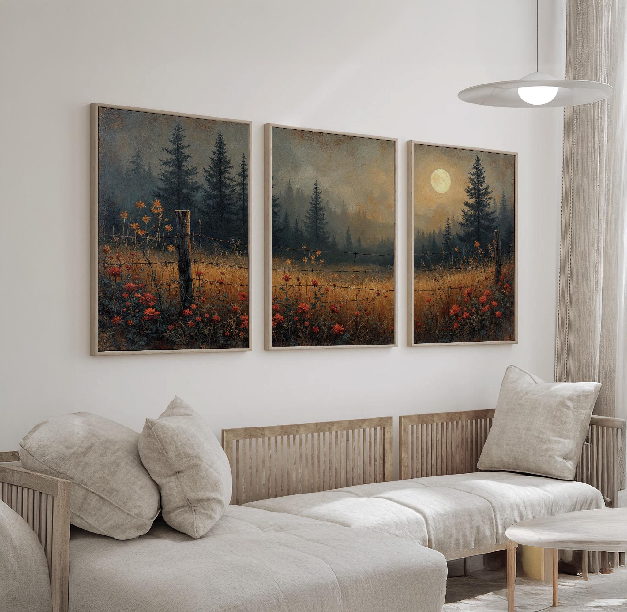 Rustic Forest Landscape Wall Art Set of 3 | Misty Woodland Canvas ...