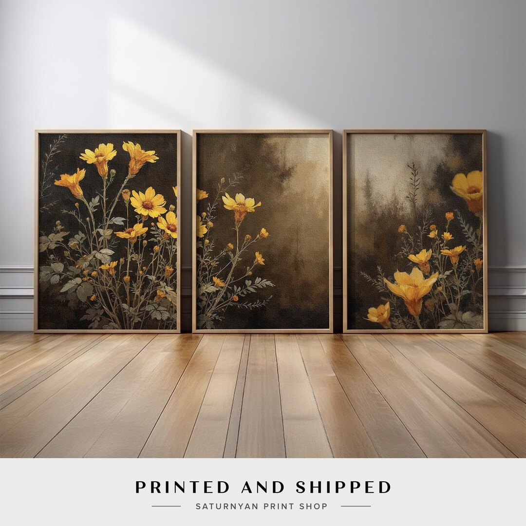 Rustic Floral Wall Art Set of 3 | Vintage Yellow Wildflower Canvas ...