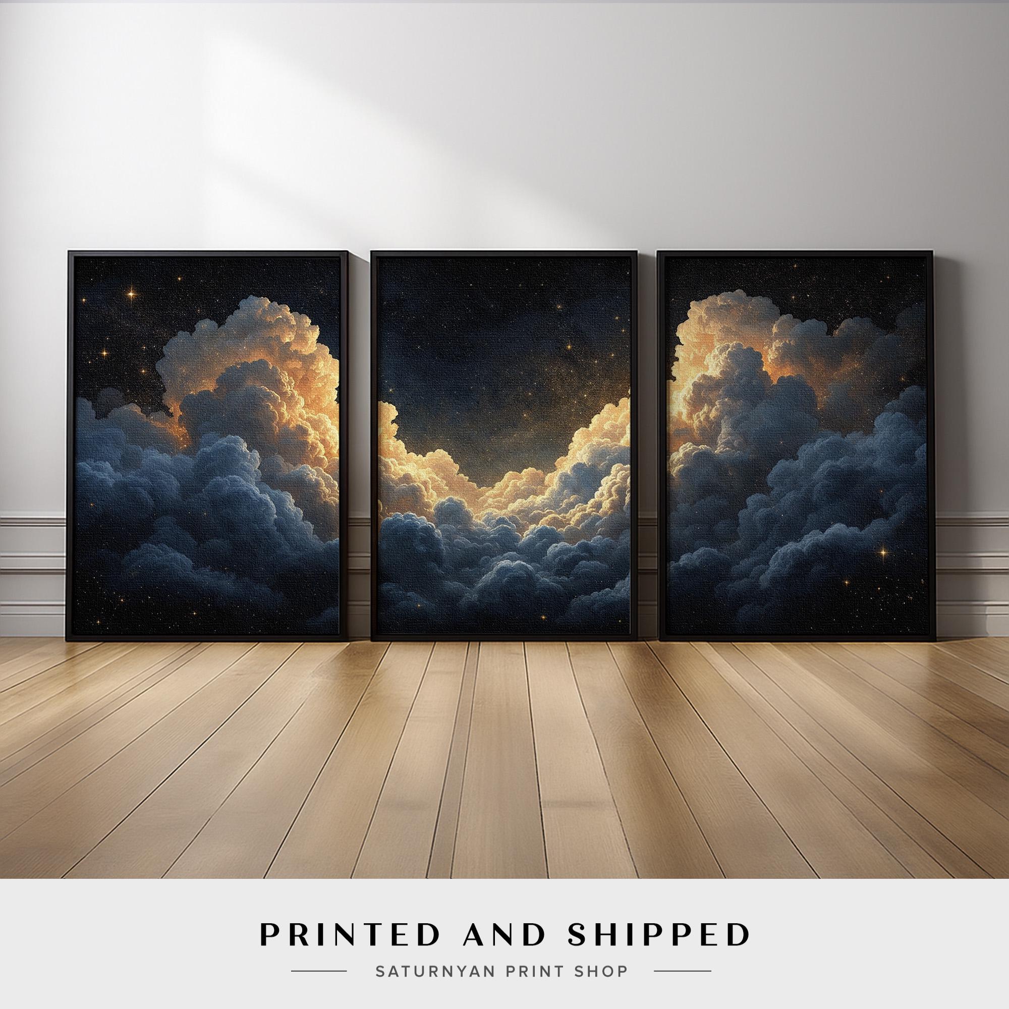 Celestial Cloud Wall Art Set of 3 | Glowing Night Sky Triptych Canvas ...