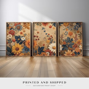 Rustic Wildflower Triptych Set | Retro Floral Wall Art in Warm Autumn Tones | Country Cottage-Inspired Botanical Set of 3 for Living Room
