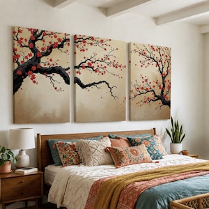 Japanese Cherry Blossom Wall Art, Sakura Tree Triptych, Asian Ink Painting, Zen Home Decor, Floral Canvas Print, Oriental Minimalist Art image 12
