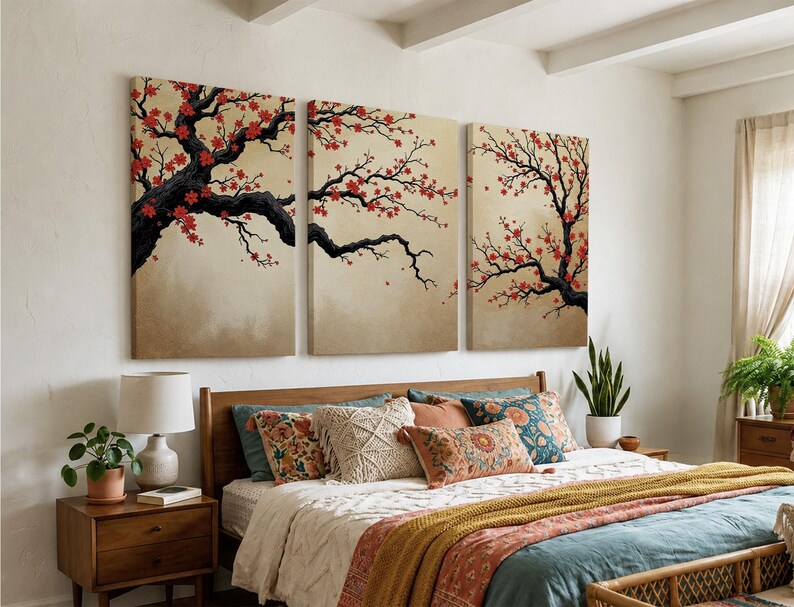 Japanese Cherry Blossom Wall Art, Sakura Tree Triptych, Asian Ink Painting, Zen Home Decor, Floral Canvas Print, Oriental Minimalist Art image 12