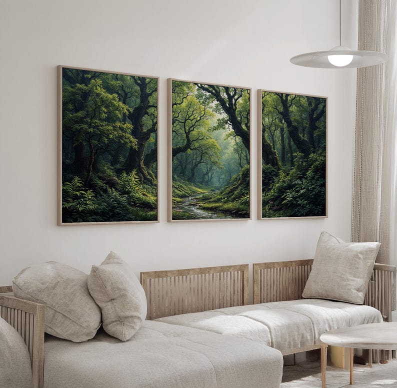 Green Forest Wall Art Set of 3 | Tranquil Nature Landscape Canvas ...