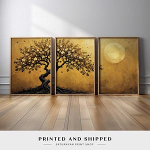 Golden Tree Wall Art Set of 3 | Elegant Moon & Floral Branch Prints | Luxury Gold and Black Artwork for Living Room, Bedroom or Office Decor