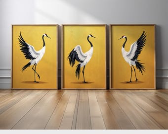 Japanese Crane Wall Art Set of 3 | Red-crowned Crane Triptych on