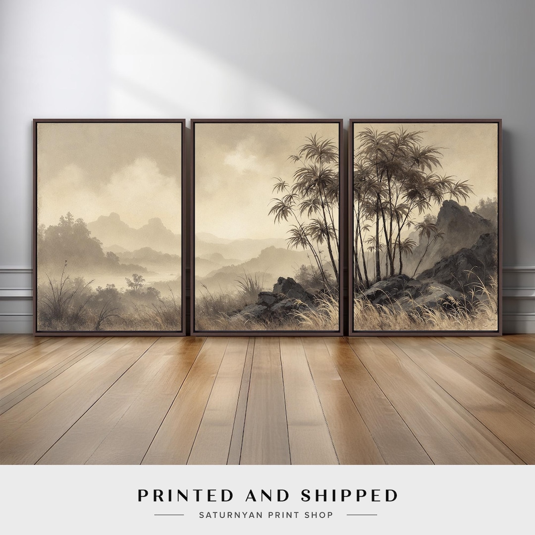 Neutral Landscape Wall Art Set of 3 | Misty Mountain and Palm Tree ...
