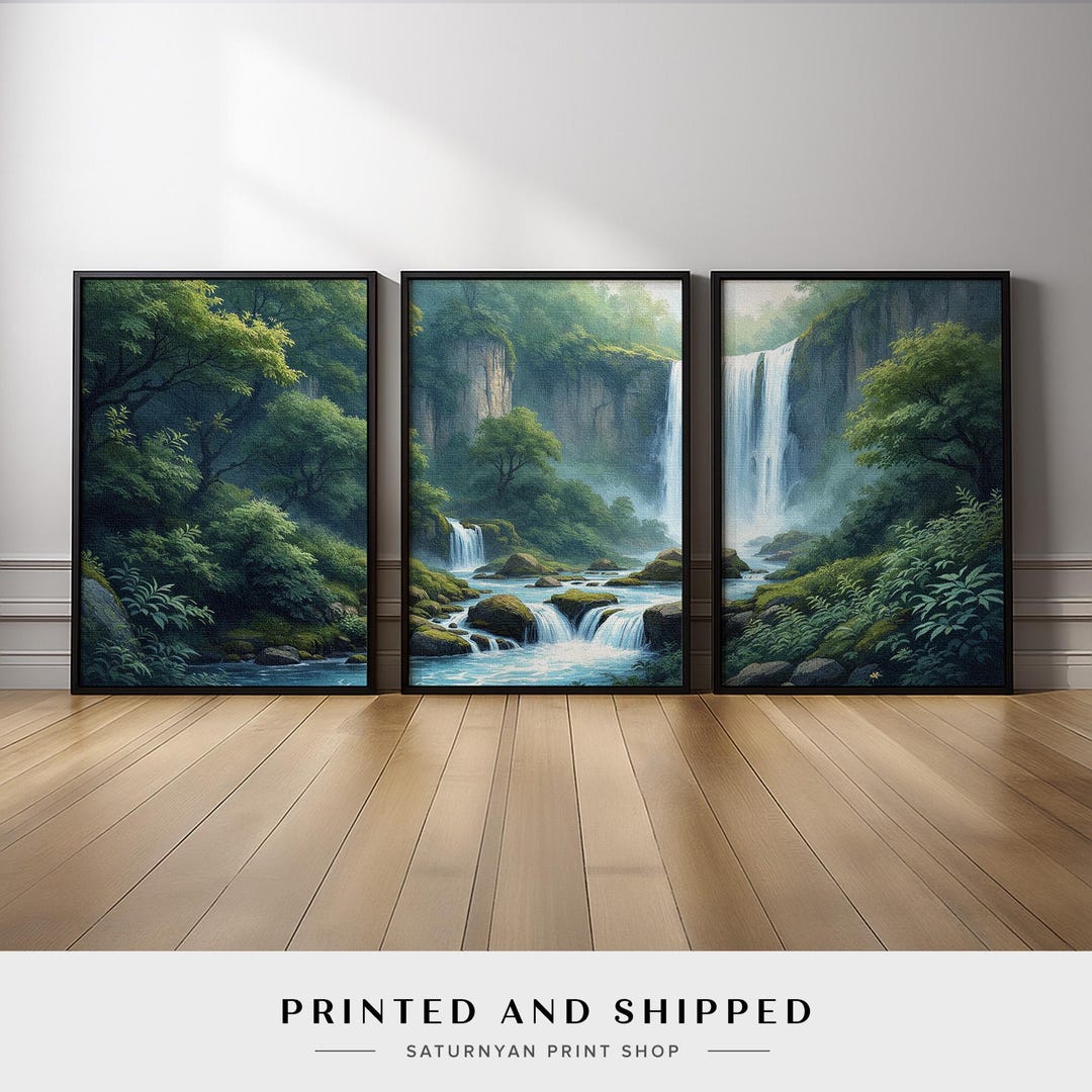 Waterfall Landscape Wall Art Set of 3 | Serene Forest River and Lush ...