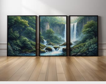 Waterfall Landscape Wall Art Set of 3 | Serene Forest River and Lush Greenery Canvas Prints Triptych | Tranquil Nature Wall Decor