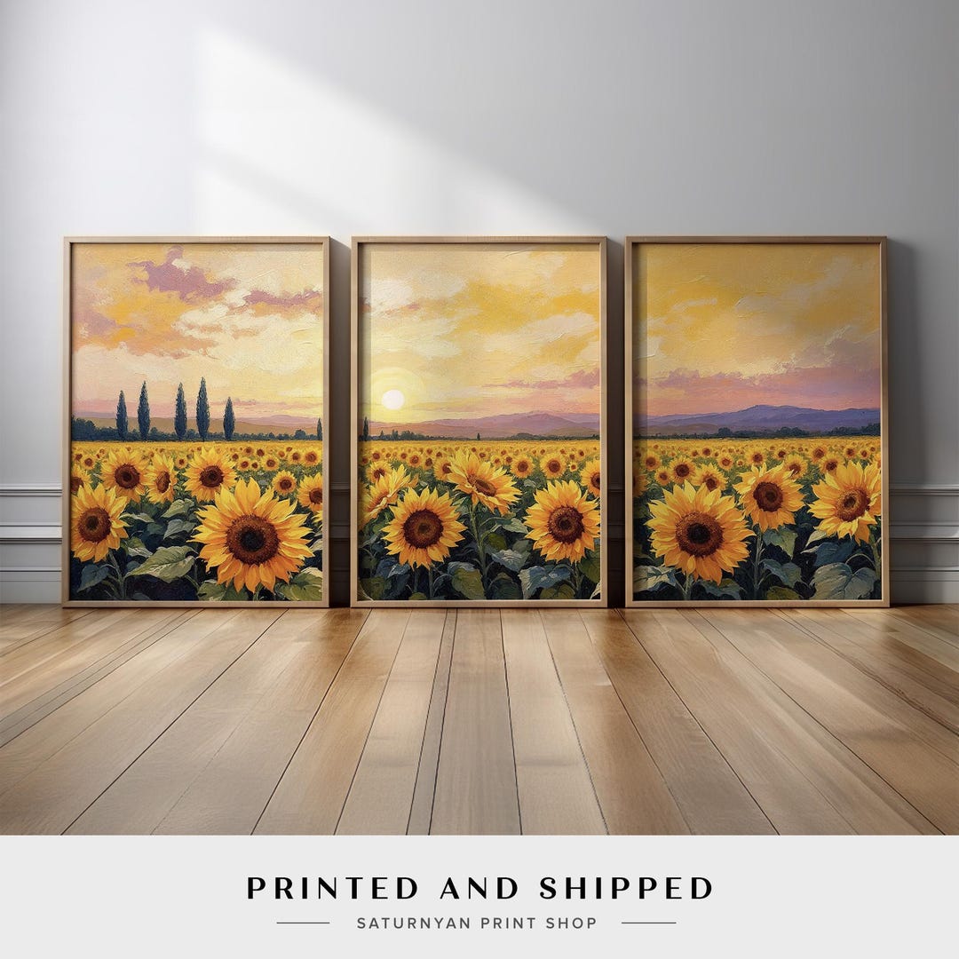 Sunflower Field Wall Art Set of 3 | Sunset Landscape Canvas Prints With ...