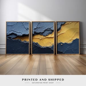 Bold Abstract Stone Wall Art Set of 3 | Navy Blue and Golden Yellow Sediments Canvas Print | Modern Art for Minimalist Industrial Decor