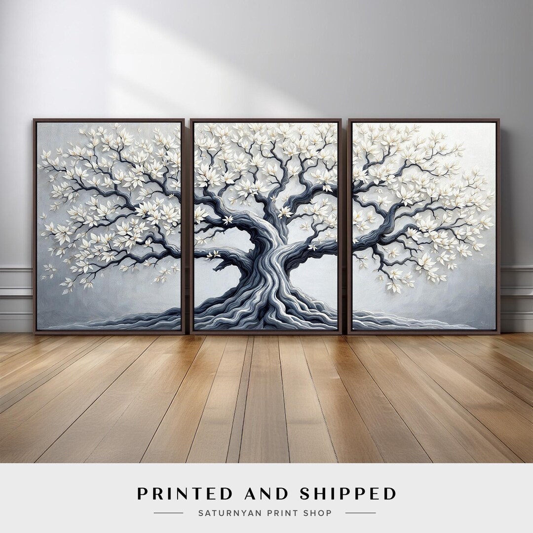 Tree Wall Art Set of 3 | White Blossom Tree Triptych With Flowing Trunk ...