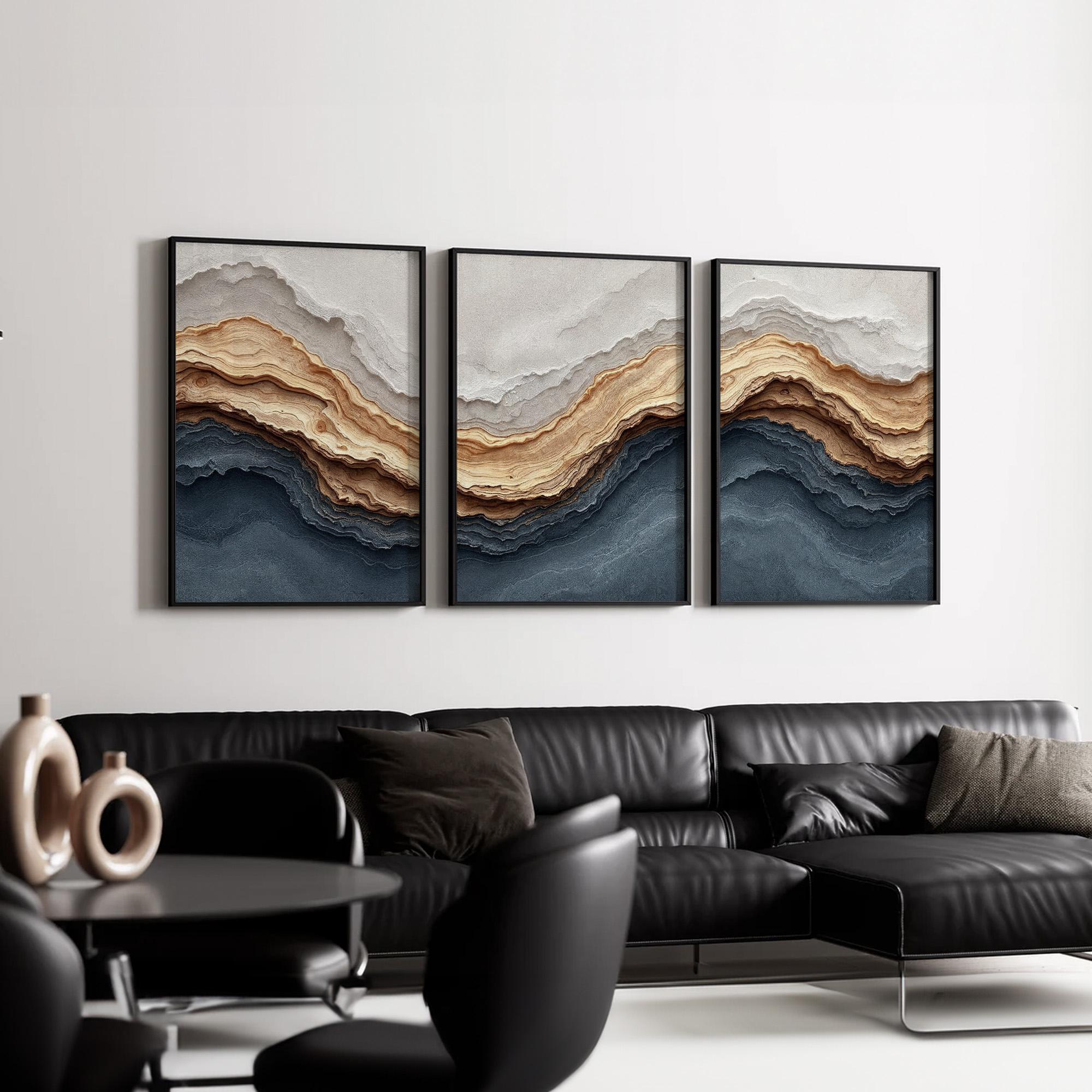 Ocean Wave Inspired Wall Art Set | Layered Neutral Beige and Blue ...