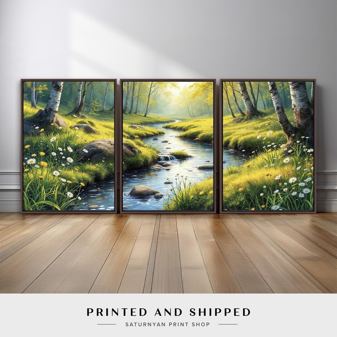 Forest River Wall Art Set of 3 | Serene Birch Tree and Wildflower ...