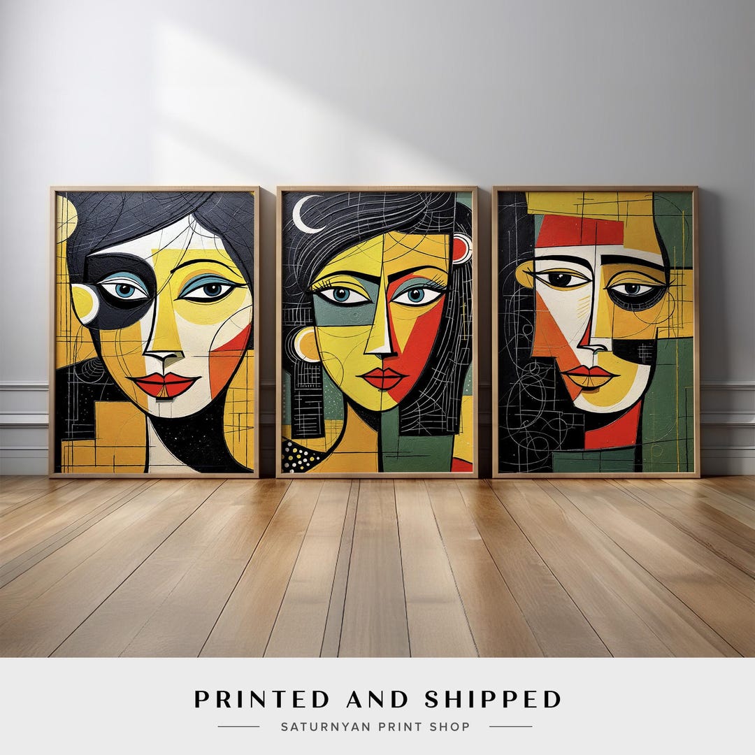 Cubist Abstract Face Art Set of 3 | Modern Colorful Expressionist Woman ...