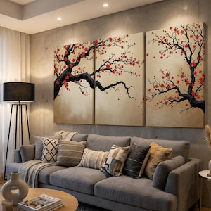 Japanese Cherry Blossom Wall Art, Sakura Tree Triptych, Asian Ink Painting, Zen Home Decor, Floral Canvas Print, Oriental Minimalist Art image 13