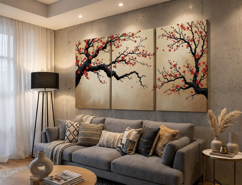 Japanese Cherry Blossom Wall Art, Sakura Tree Triptych, Asian Ink Painting, Zen Home Decor, Floral Canvas Print, Oriental Minimalist Art image 13