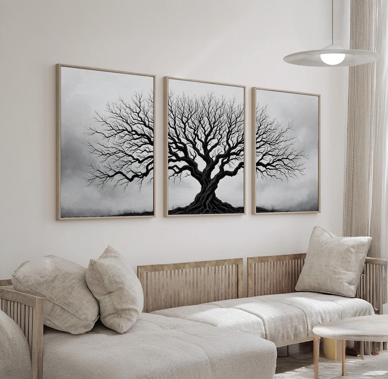 Monochrome Tree Wall Art Set of 3 | Minimalist Black and White Triptych ...