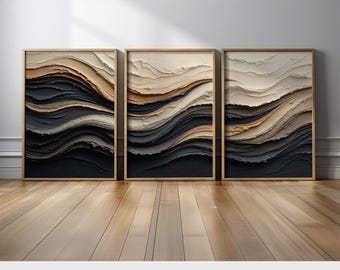 Tríptico abstracto neutro para pared / Juego de 3 lienzos decorativos contemporáneos orgánicos en negro y beige / Obra de arte moderna de lujo en tonos tierra