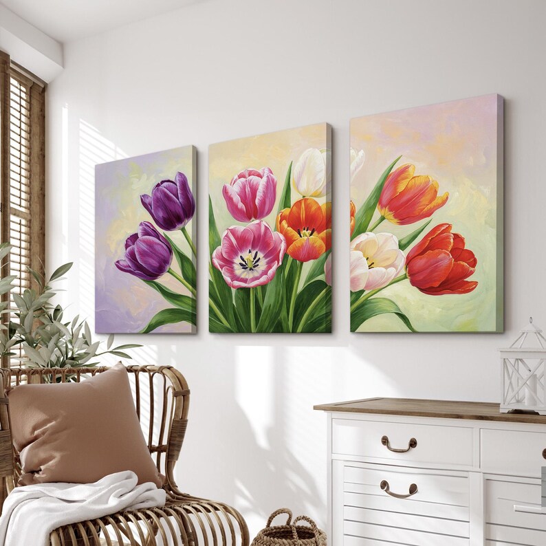 Spring Floral Wall Art Set of 3 | Tulip Flower Triptych in Pastel Tones ...