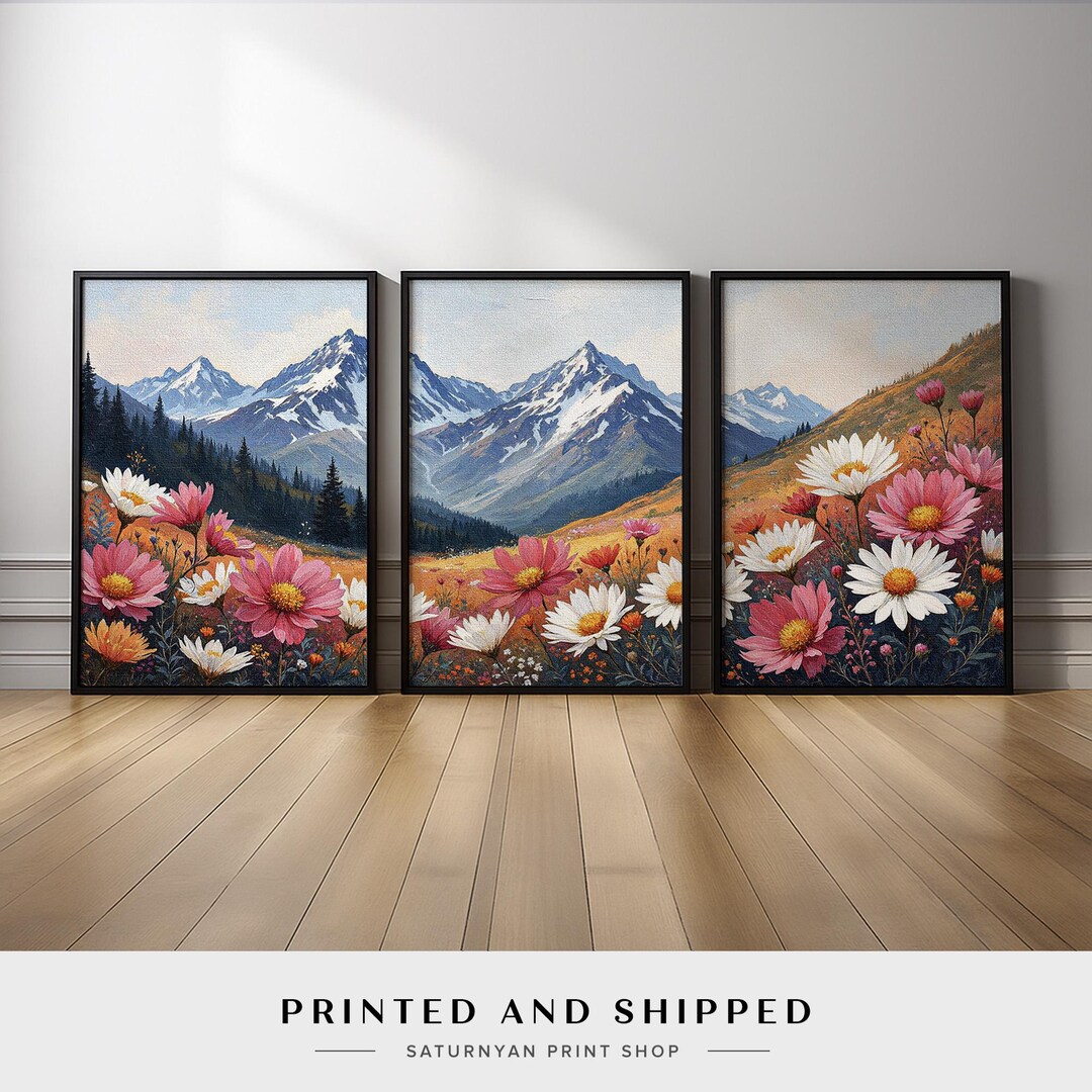 Mountain Landscape Wall Art Set of 3 | Floral Meadow Triptych With ...