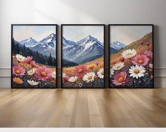 Mountain Landscape Wall Art Set of 3 | Floral Meadow Triptych with Wildflowers and Snowy Peaks for Living Room Home Decor Canvas Prints