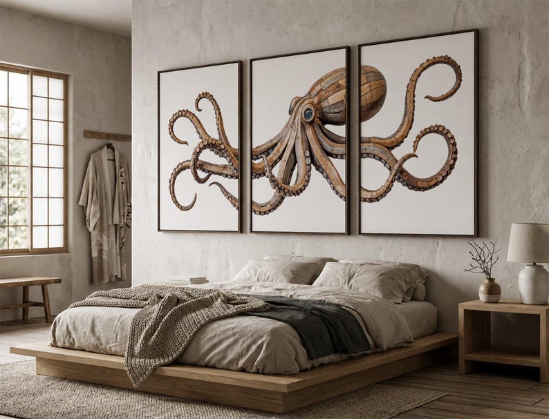 May include: A triptych wall art set featuring a large octopus illustration composed of brown wooden planks. The octopus spans across three separate rectangular white canvases, each framed in a thin dark border, displaying detailed tentacles.