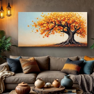 Golden Autumn Tree Canvas Print, Fall Season Landscape Wall Art, Vibrant Orange Leaves Painting, Rustic Nature Artwork, Earth Tone Decor