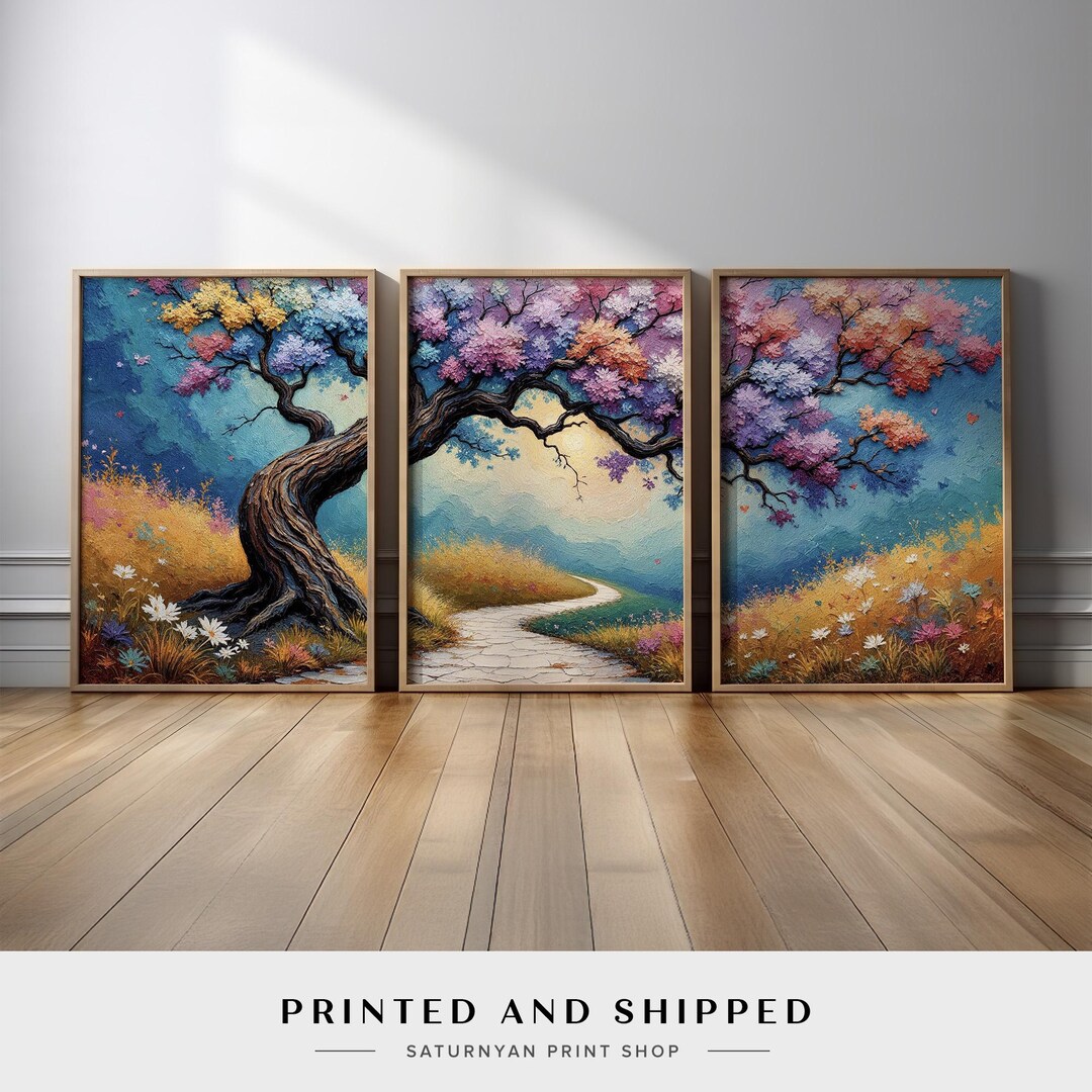 Colorful Blossom Tree Wall Art | Set of 3 Enchanted Landscape With ...