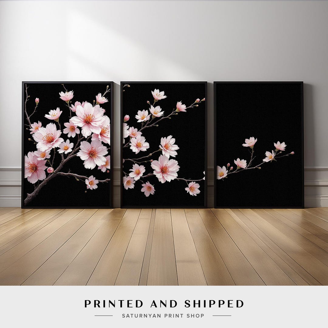 Pink Cherry Blossom Wall Art Set of 3 | Sakura Floral Triptych for ...