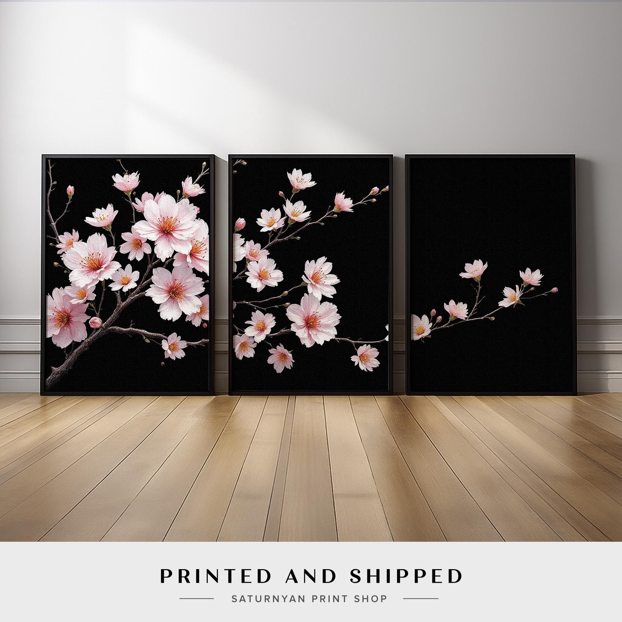 Pink Cherry Blossom Wall Art Set of 3 | Sakura Floral Triptych for ...