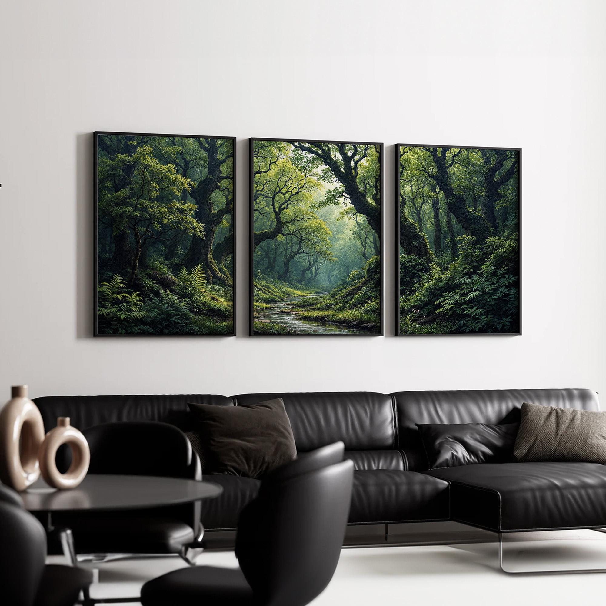 Green Forest Wall Art Set of 3 | Tranquil Nature Landscape Canvas ...