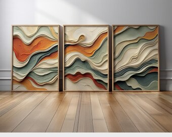 Organic Flowing Abstract Wall Art | Flowing Olive Green, Terracotta & Sand Tones Triptych | Rustic Organic Modern Home Wall Art