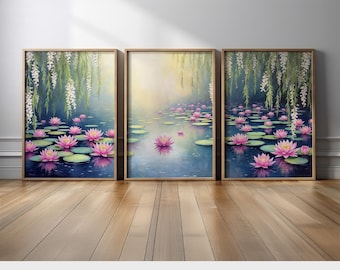 Water Lily Pond Wall Art Set of 3 | Tranquil Floral Triptych with Lily Pads, Cascading Blooms & Reflection | Nature Canvas for Zen Decor
