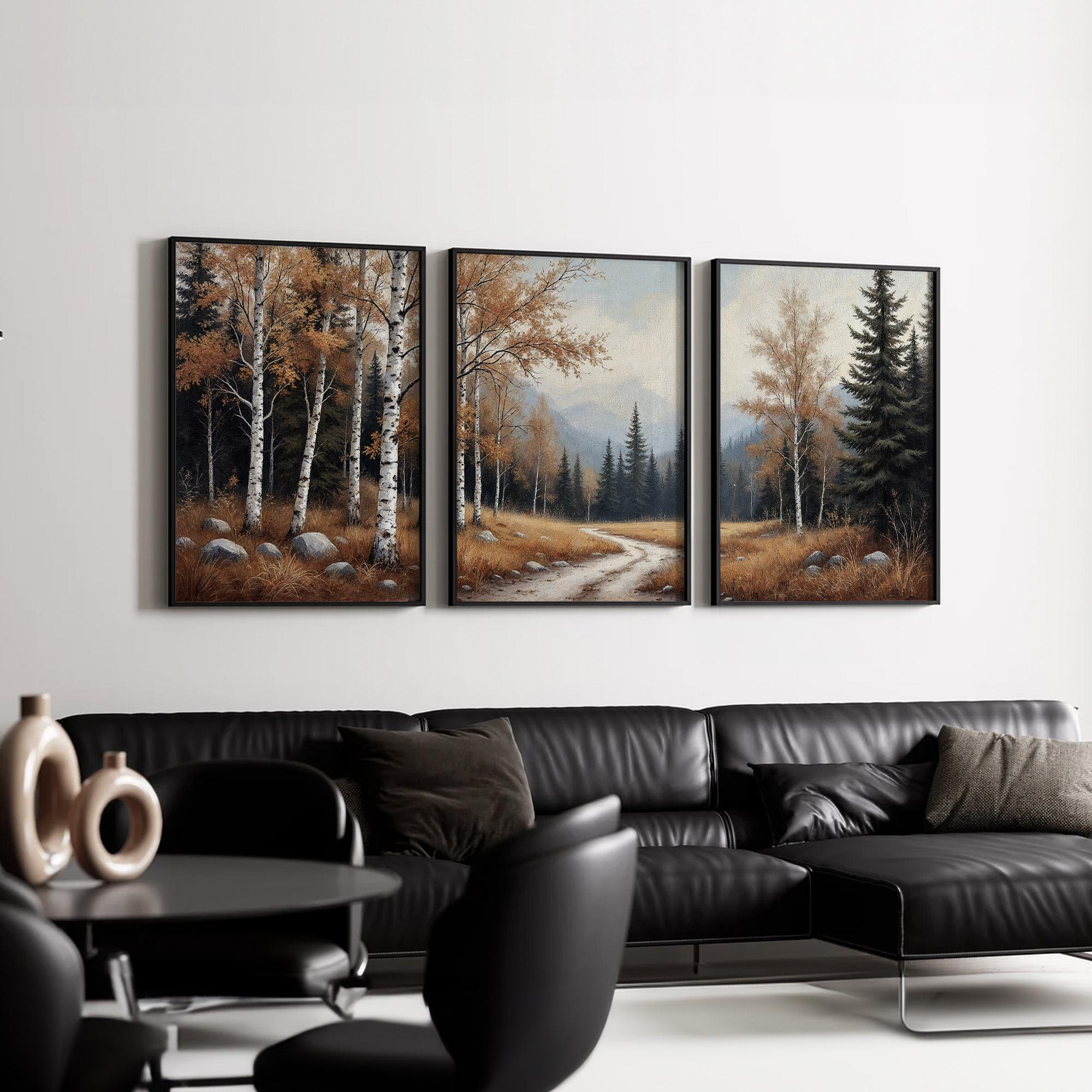 Rustic Autumn Forest Wall Art Triptych | Birch and Pine Tree Landscape ...