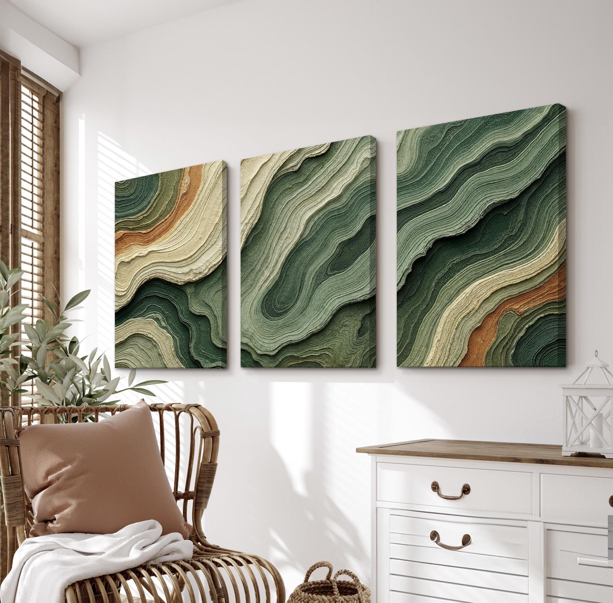 Abstract Green and Beige Wall Art - Set of 3 Modern Decor With Earthy ...