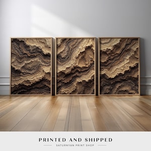 Neutral Earth Tone Abstract Triptych | Geology-Inspired Rock Layer Wall Art | Organic Modern Canvas Prints for Living Room or Office Decor